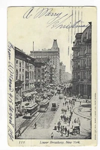 Postal de Lower Broadway Nueva York trolebuses caballos y vagones vendedores c1905 - Imagen 1 de 2