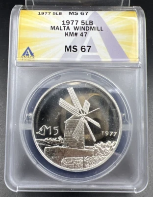 1977 Malta 5 Pounds Liri Windmill Silver Coin KM47 MS67 GEM BU ANACS Top Pop - Image 1 of 4