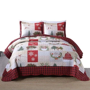 MarCielo 3 Piece Christmas Quilt Set, Rustic Lodge Deer Quilt Bedspread Throw... - Picture 1 of 7