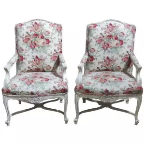 Pair Louis XVI Style Distressed Cream Painted Fauteuils Bergere Lounge Chairs - Picture 1 of 5