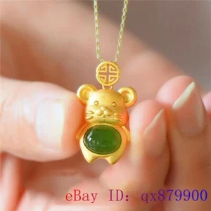 Green Jade Mouse Pendant Gemstone Necklace 925 Silver Women Chalcedony Natural - Imagen 1 de 5