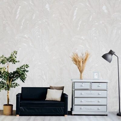 Rollo de papel tapiz tropical hojas florales texturizadas tela sintética crema blanco roto marfil Foto 1 de 4