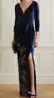 Marchesa Notte Embroidered Floral Velvet Gown - Navy Size 4