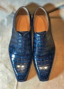 Handmade Mens blue alligators dress shoes, Men crocodile print lace up shoes - Picture 1 of 4