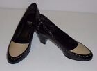 IMPO MARINA  STRIKING TWO-TONE BLACK AND BEIGE PATENT LEATHER  2 1/5" HEELS- 6M