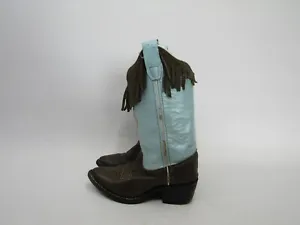 Old West Little Kids Youth Sz 10.5 M Aqua Brown Leather Fringe Heart Cowboy Boot - Picture 1 of 11