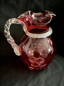 ANTIQUE ITALIAN RUBY RED GLASS PITCHER CLEAR GLASS TWISTED GLASS HANDLE 8 3/4IN - Picture 1 of 13