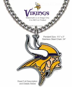 Minnesota Vikings 24" Necklace 1½" x 2" Big NFL Metal Logo Stainless Steel Chain - Picture 1 of 11