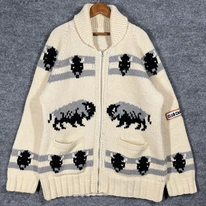VINTAGE 50s Bison Buffalo Cowichan Sweater Mens XL Wool Knit Cardigan Western - Picture 1 of 23