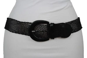 Women Black Faux Leather Braided Fabric Fashion Belt Hip Waist Round Buckle S M - Picture 1 of 24
