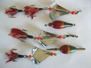 Lot of 3 Vintage Spinner Fishing Lure  2 wooden bobber Feathered Lures