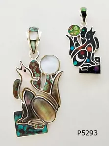 Reversible Celestial Turquoise Abalone Inlay .925 Silver Howling Cayote Pendant - Picture 1 of 4