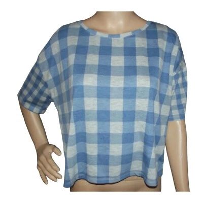Bongo Crop Top Talla Grande Azul Gris Búfalo Cuadros Cropper Camiseta Poli Rayón Foto 1 de 4