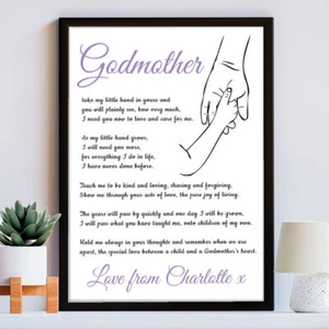 Personalised Christening Poem Print for Godmother Gift From Godson, Goddaughter - Picture 1 of 7