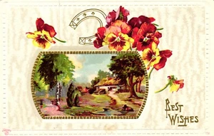Postkarte Beste Wünsche geprägt Gold Hufeisen & Stiefmütterchen Blumen Stiefmütterchen Landschaft - Bild 1 von 2