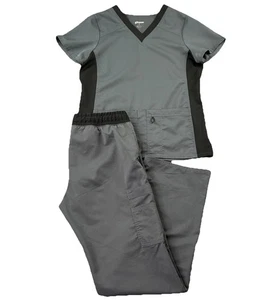 Scrubstar Uniform Set Damen Gr. S/CH grau, schwarzer Besatz V-Ausschnitt Stretch medizinisch - Bild 1 von 24