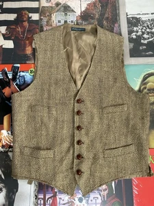 Polo Ralph Lauren Linen Silk Wool Herringbone Waistcoat Biege Brown Vest Medium - Picture 1 of 8