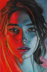 disegno originale 20x30 cm 253AO opera d'arte pastello moderno ritratto femminile - Foto 1 di 2