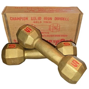 Vintage Pair of 5lb Champion Dumbells Weights Solid Iron Gold Sunsport w/ Box - Picture 1 of 10