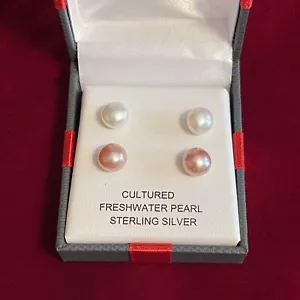 NWT PEARL STUD EARRINGS Cultured Freshwater Pearls PINK n WHITE 2 Pair Set - Picture 1 of 8