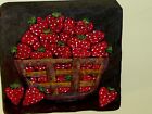 Peinture à l'huile vintage sur panneau de bois : BEAUX points rouges blancs fraises dans panier