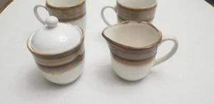 2 Kaffeetassen, Milchkännchen, Zucker. Weiße mit braunen Ringen, China 4971 - Bild 1 von 11