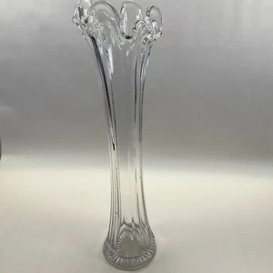 Clear Glass Swung Ribbed Stretch Vase 15" 8 Finger Vintage MCM - Picture 1 of 6