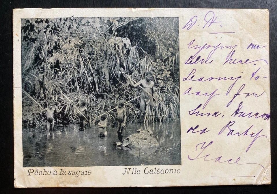 1903 Noumea Nueva Caledonia foto postal cubierta pesca con palos Foto 1 de 2