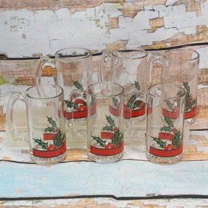 Libbey Christmas Holly and Berries Stein Glasses Mugs 12.5oz Lot of 6 - Picture 1 of 10