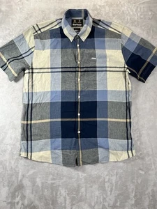 Barbour Plaid Blue & Gray Regular Fit Cotton Linen Short Sleeve Button Up Size L - Picture 1 of 8