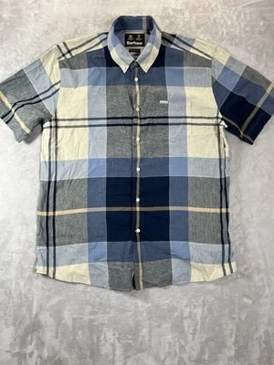 Barbour Plaid Blue & Gray Regular Fit Cotton Linen Short Sleeve Button Up Size L - Image 1 of 4