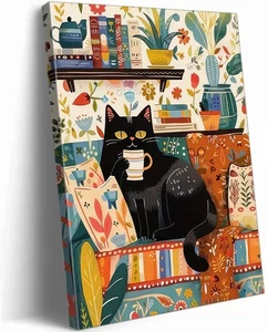 Framed Funny Black Cat Canvas Wall Art Trendy Black Cat Drinking Coffee Pictu... - Picture 1 of 9