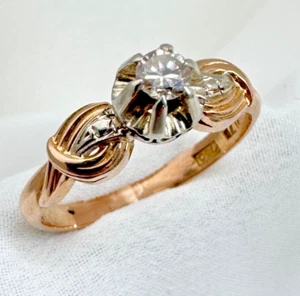 Vintage 18k Solid Rose Gold & Platinum Solitaire 0.08 ct Diamond Ring - Picture 1 of 19