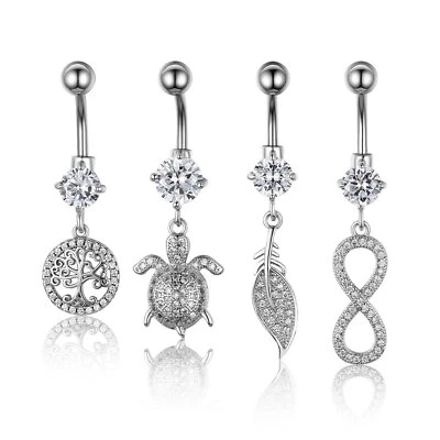不锈钢腹部纽扣杠铃肚脐环酒吧生命之树羽毛龟 — 第 1/4 张图片