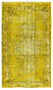4.8x8 Ft Vintage Turkish Wool Rug Over-Dyed in Yellow, Handmade Yellow Carpet - Picture 1 of 5