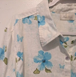 Womens Plus Size 100% Linen Shirt Long Sleeve Button-up White Blue Flowers - Picture 1 of 13