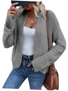 Women's 2024 Fashion Casual Open Front Long Sleeve Chunky Knit Large Gray - Picture 1 of 6
