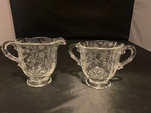 Fostoria elegant glass BOROQUE Cream and Sugar CHINTZ etched pattern - Picture 1 of 8