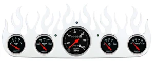Flame Universal 5 Gauge Polished Aluminum Gauge Panel w/ AutoMeter Gauges - Foto 1 di 4