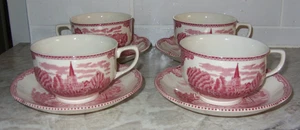 Johnson Brothers England Old Britain Castles Pink Cups & Saucers 4 Sets 8 Pcs VG - Picture 1 of 14