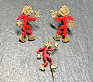 VINTAGE REDDY KILOWATT SCREW BACK EARRINGS & STICK PIN H637 - Picture 1 of 9