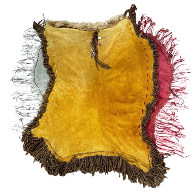 Handmade Fringed Leather Throw Blanket Fur Trim & Skull Bead Boho Decor Rustic - Image 1 of 4