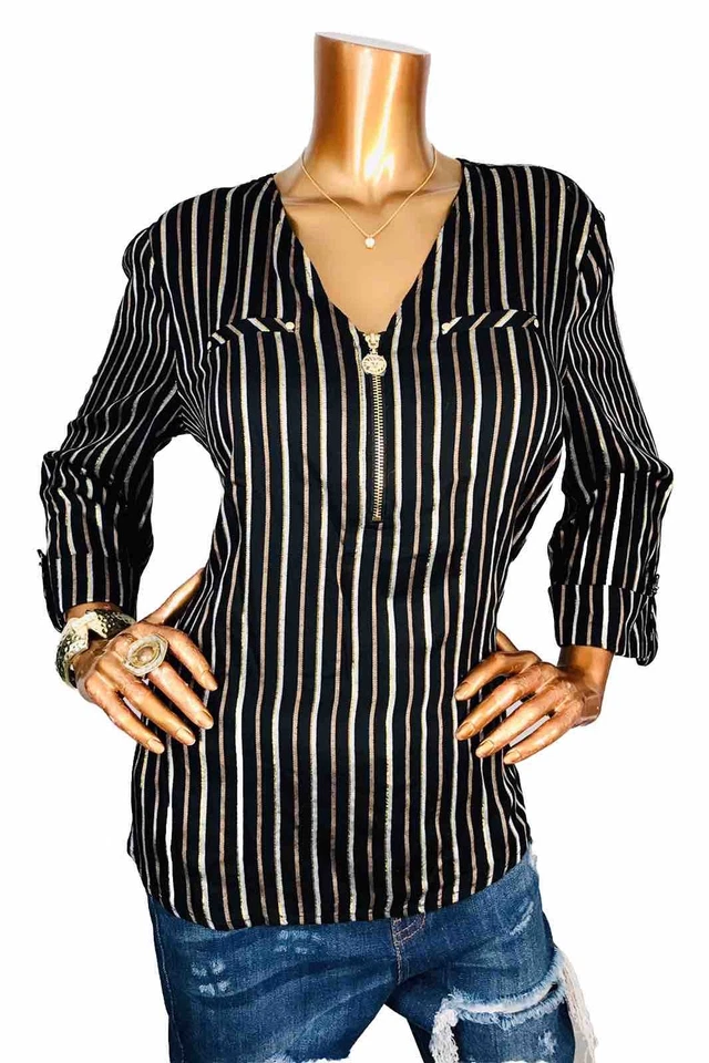 Anne Klein L 小号上衣条纹标志 1/2 拉链衬衫衬衫低帮柔软闪亮 — 第 1/4 张图片