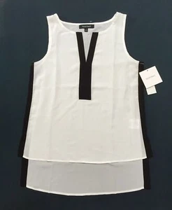 NWT $70 Ellen Tracy Soft White Black Top Blouse Tunic Size Small Hi Low V-Neck - Picture 1 of 9