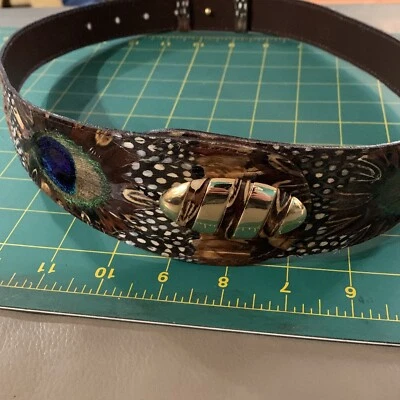 Peacock Pheasant Feather Belt Leather ART 958 Brown. Gold buckle western rustic - Image 1 of 4