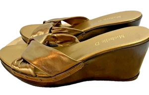 MICHELLE D Womens Gold Leather Studded SLIDES Sandals Wedge Lightweight SZ 7 M - Picture 1 of 10