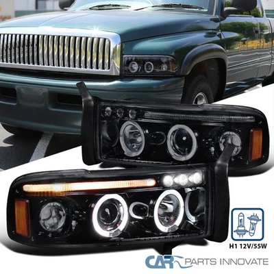 Fit 1994-2001 Dodge Ram 1500 2500 3500 LED Halo Projector Headlights Lamps Smoke Foto 1 de 4