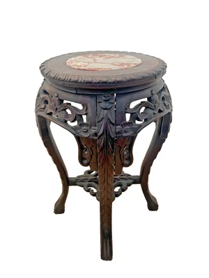 Mesa francesa con soporte para plantas, tapa de mármol de celosía tallada a mano, pequeña de caoba oscura Foto 1 de 4