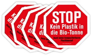 5 x Pegatinas "STOP Sin plástico en la tonelada orgánica" Octágono, Rojo | 15 x 15 cm - Imagen 1 de 1