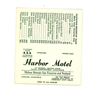 Tarjeta de visita publicitaria vintage Harbor Motel Crescent City California - Imagen 1 de 3